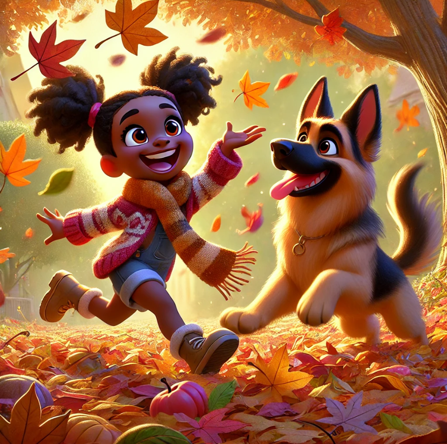 Girl and Dog Playing in Leaves on a Sunny Autumn Day